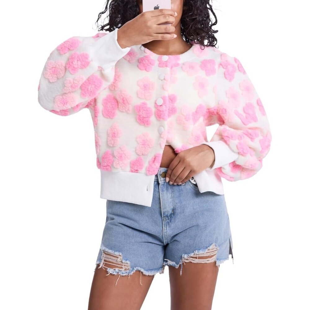 〽️Women's Pink Flygo Cropped Floral Print Bomber Warm Fleece Varsity Jacket